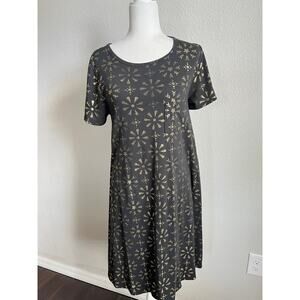 Lularoe Carly Swing Black Stars Suns Dress Women's M Gold Galaxy Casual